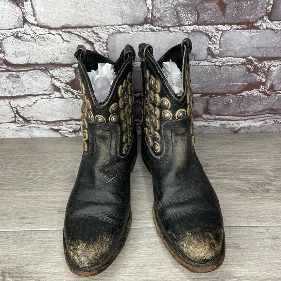 FRYE Jenna Disc Short Black Distressed Leather Rivet Stud Boots Women 6B US/36.5 - Picture 7 of 15